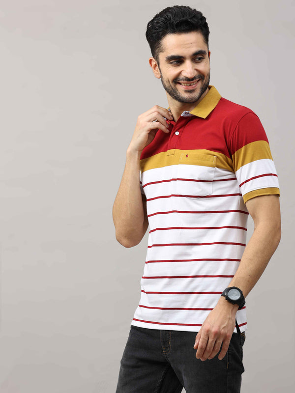 Men's Mustard Regular Fit Stripes Half Sleeves Polo Neck T-Shirt