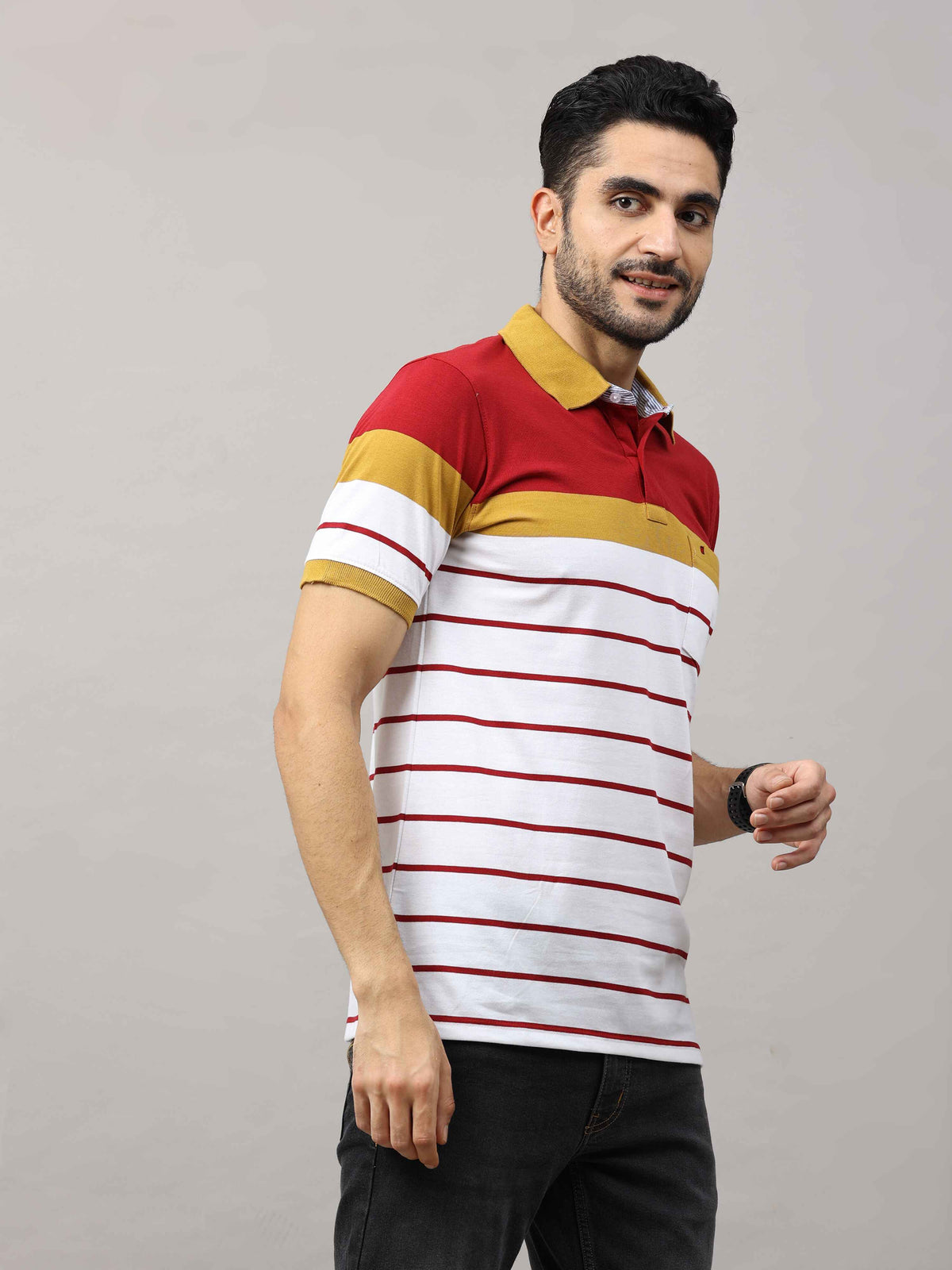 Men's Mustard Regular Fit Stripes Half Sleeves Polo Neck T-Shirt
