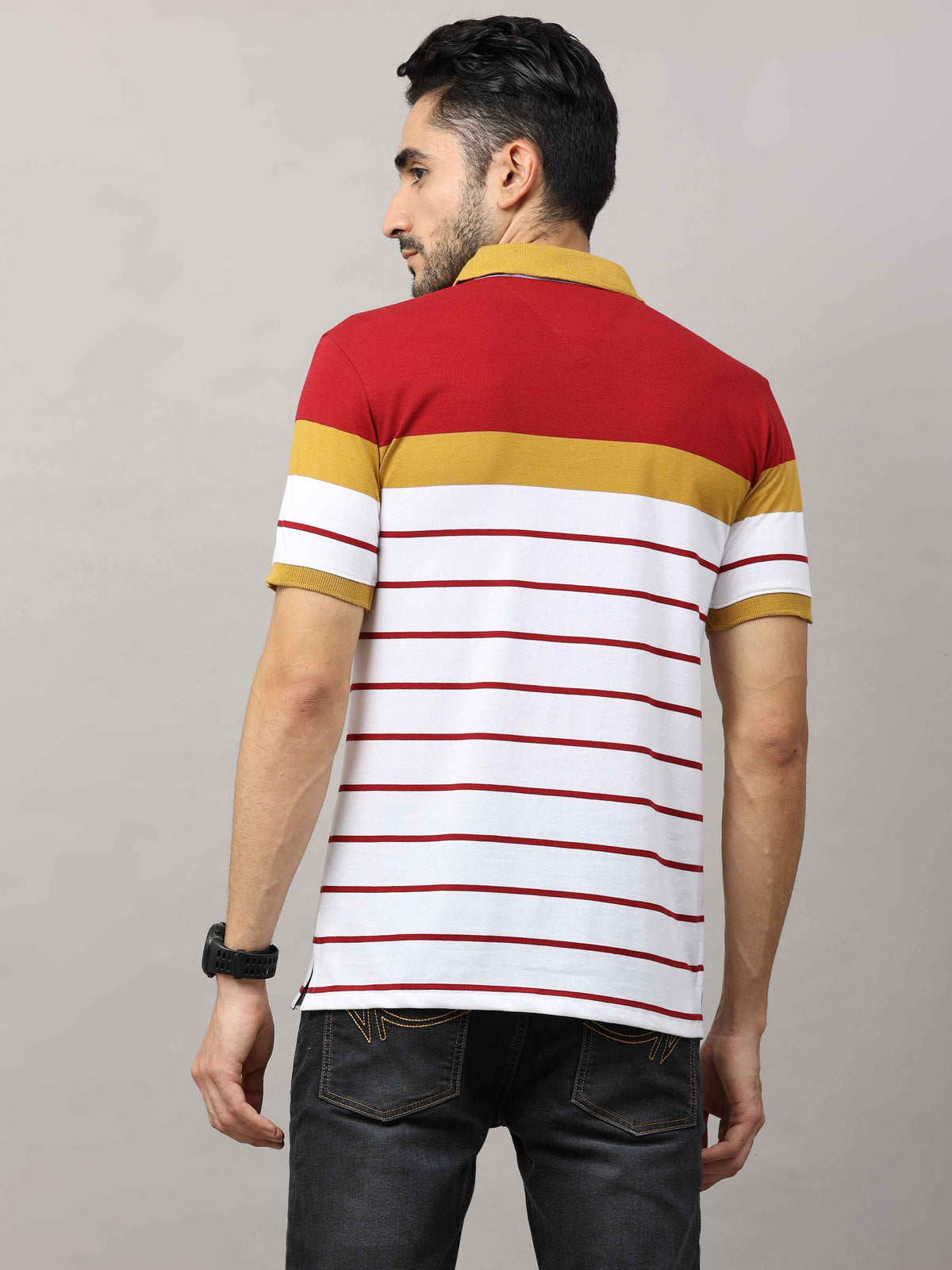 Shop Men's Mustard Regular Fit Stripes Half Sleeves Polo T-Shirt Online.