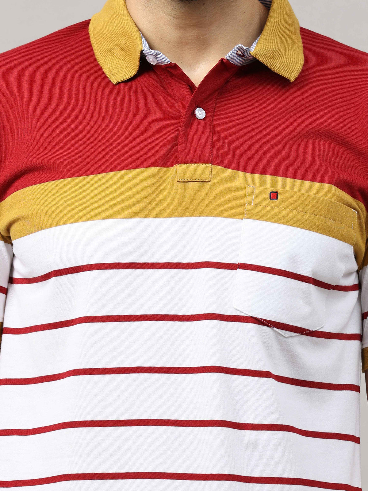 Men's Mustard Regular Fit Stripes Half Sleeves Polo Neck T-Shirt