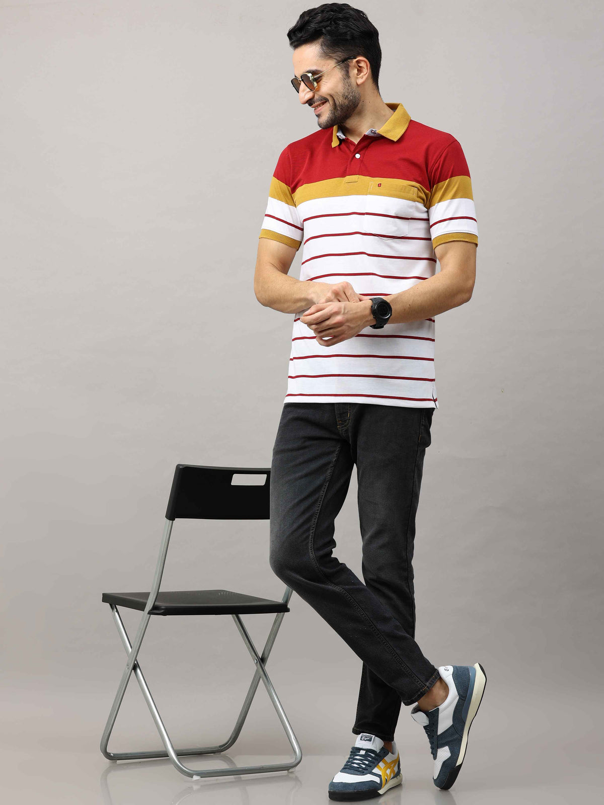 Men's Mustard Regular Fit Stripes Half Sleeves Polo Neck T-Shirt