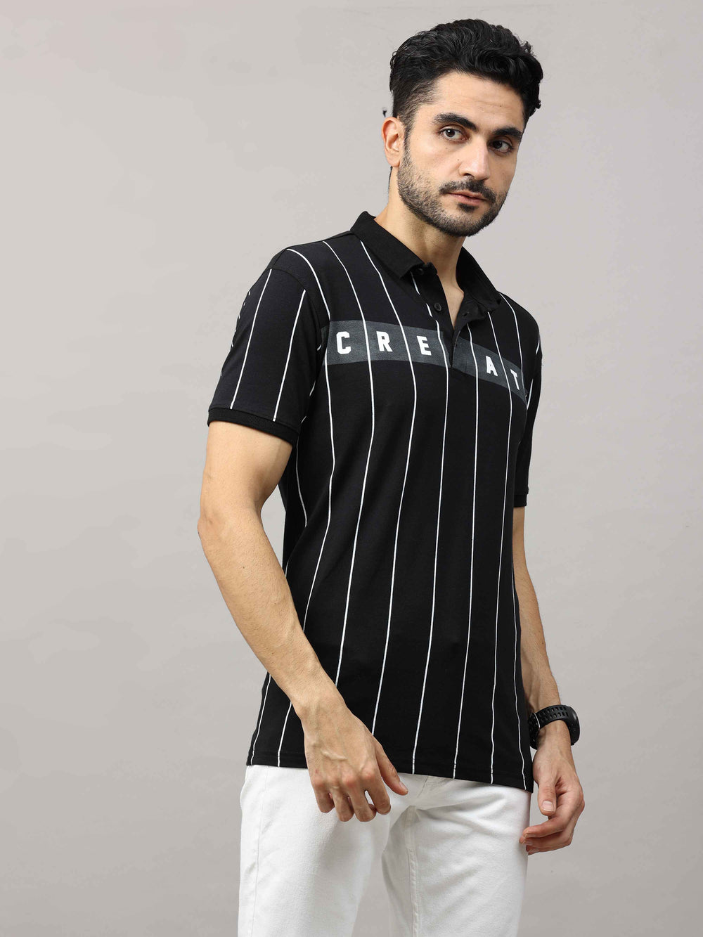 Men's Black Regular Fit Stripes Half Sleeves Polo Neck T-Shirt