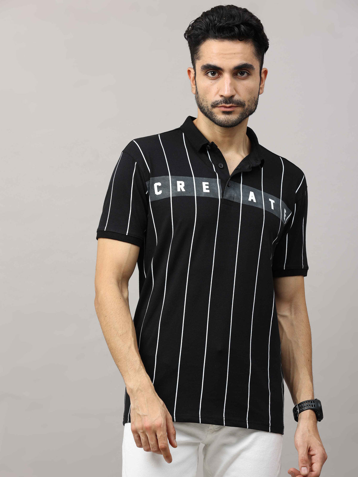 Shop Men's Black Regular Fit Stripes Half Sleeves Polo T-Shirt Online.