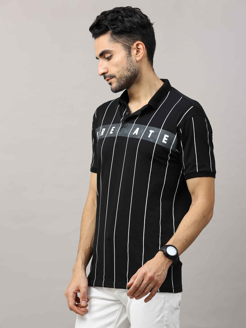 Shop Men's Black Regular Fit Stripes Half Sleeves Polo T-Shirt Online.