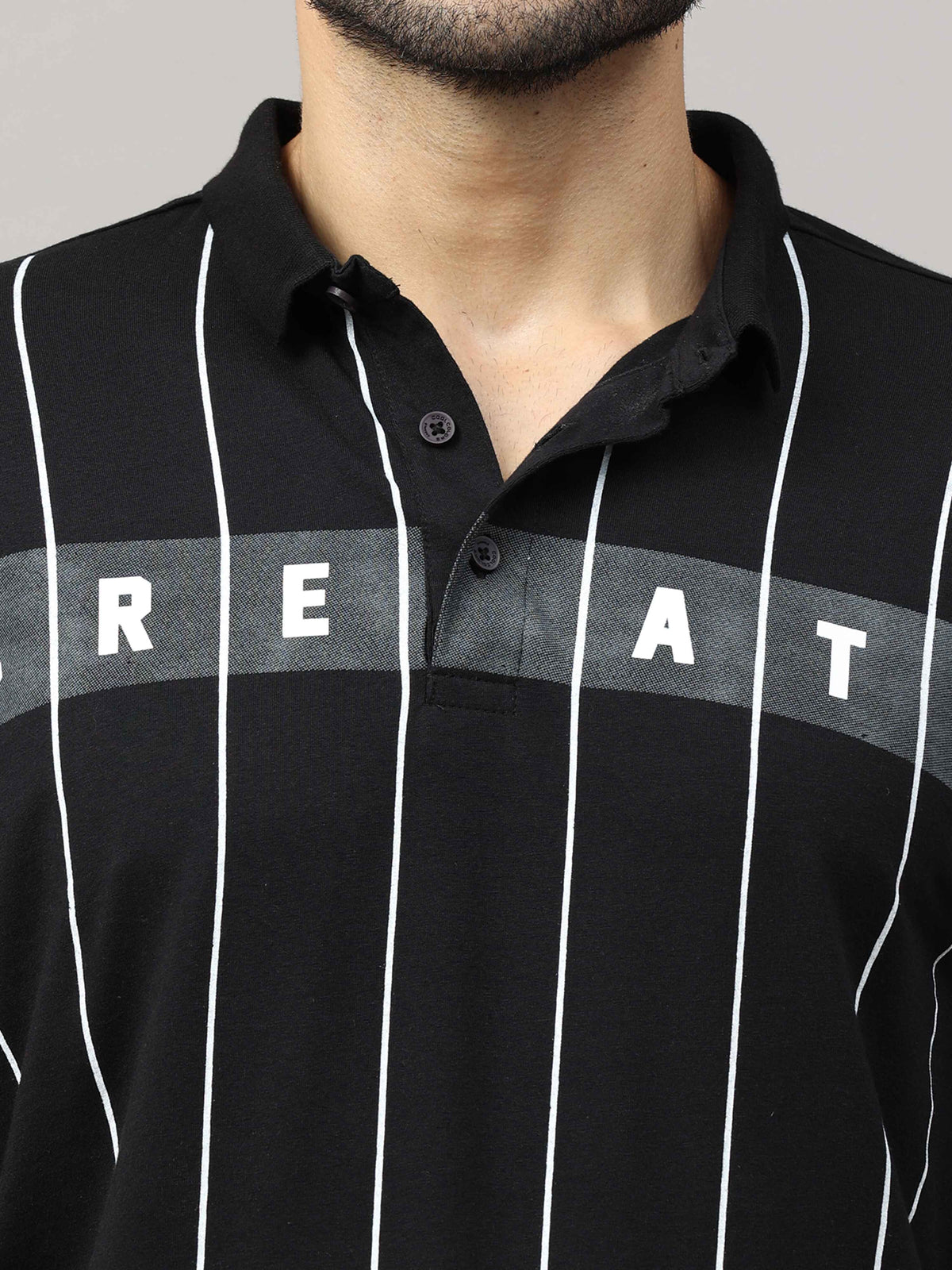 Men's Black Regular Fit Stripes Half Sleeves Polo Neck T-Shirt