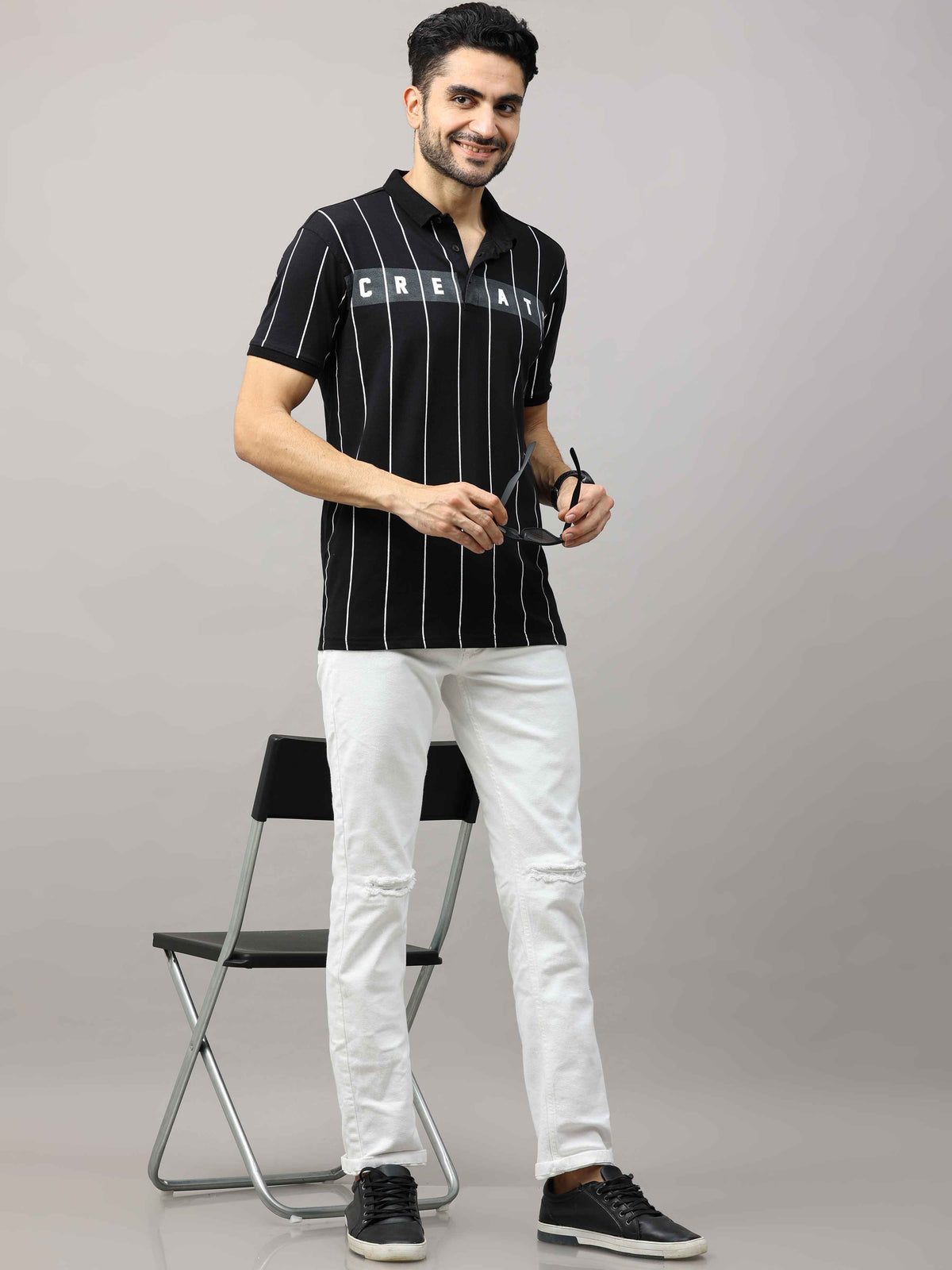 Men's Black Regular Fit Stripes Half Sleeves Polo Neck T-Shirt