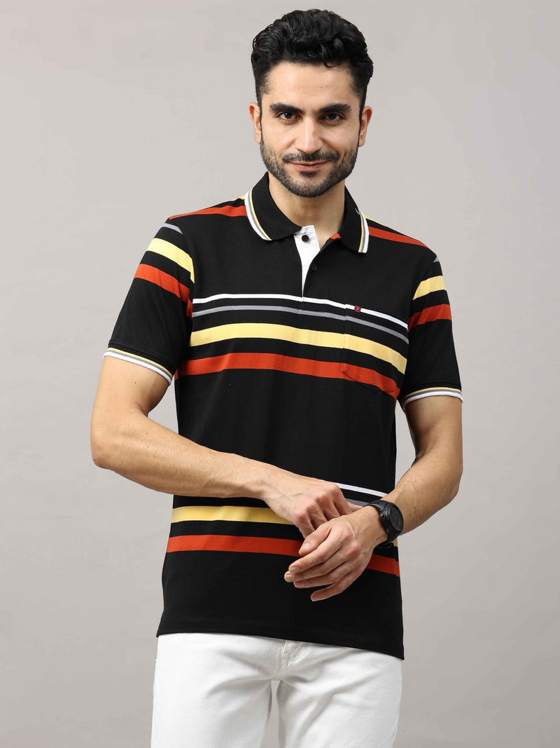 Shop Men's Black And Yellow Regular Fit Stripes Half Sleeves Polo T-Shirt Online.