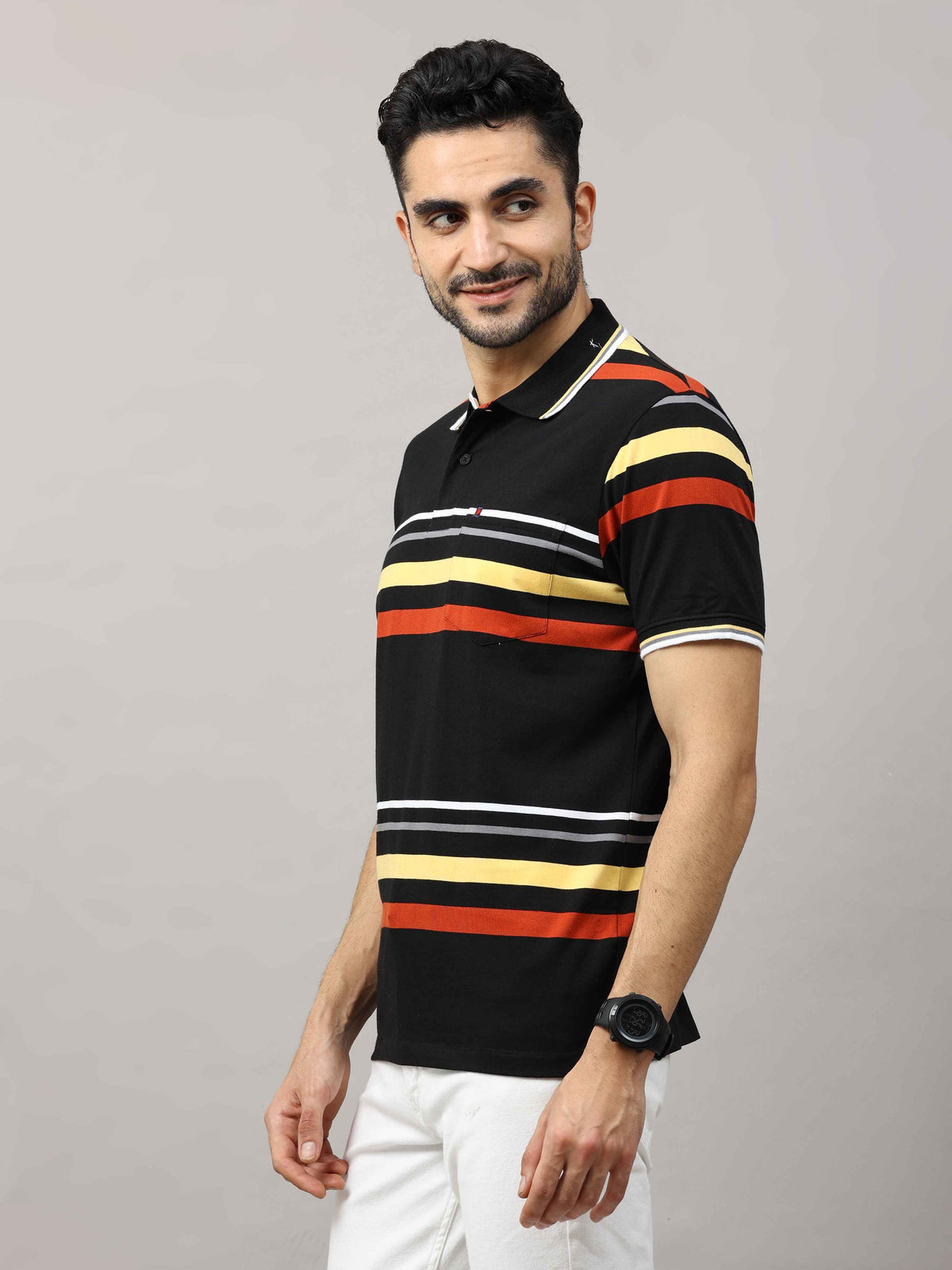 Shop Men's Black And Yellow Regular Fit Stripes Half Sleeves Polo T-Shirt Online.