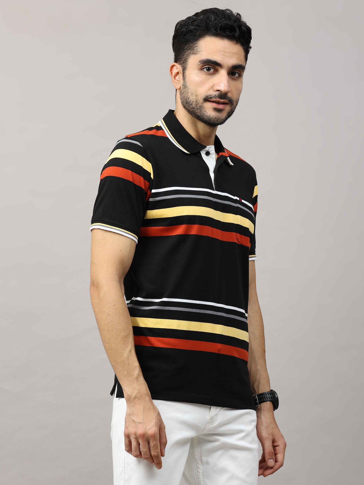 Shop Men's Black And Yellow Regular Fit Stripes Half Sleeves Polo T-Shirt Online.