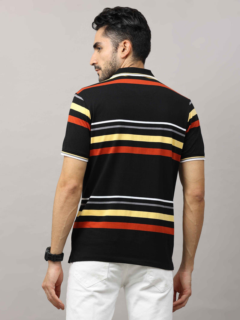 Shop Men's Black And Yellow Regular Fit Stripes Half Sleeves Polo T-Shirt Online.