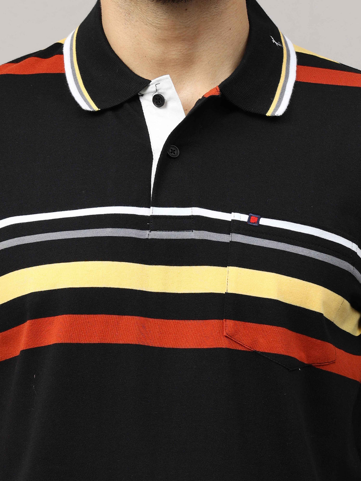 Shop Men's Black And Yellow Regular Fit Stripes Half Sleeves Polo T-Shirt Online.