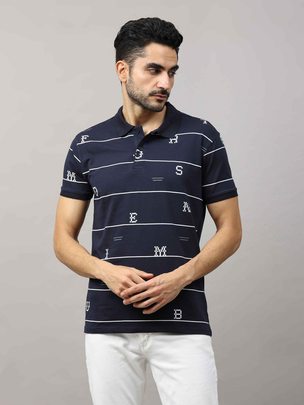 Men's Navy Regular Fit Printed Half Sleeves Polo Neck T-Shirt