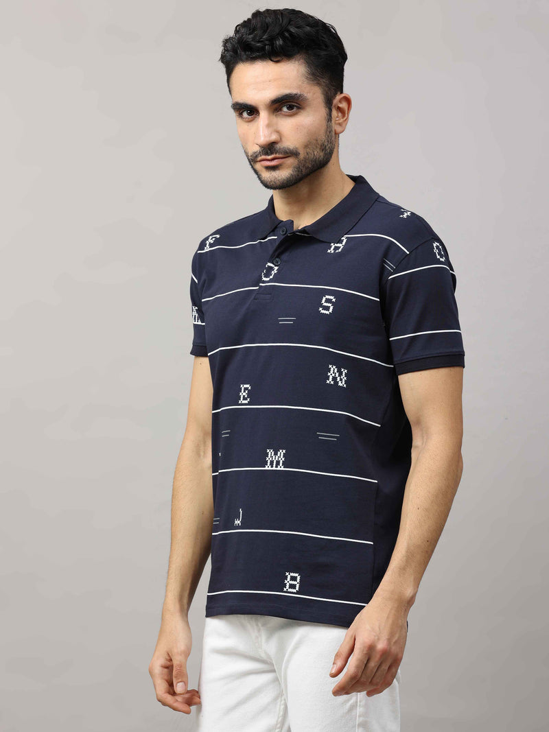 Shop Men's Navy Regular Fit Printed Half Sleeves Polo T-Shirt Online.