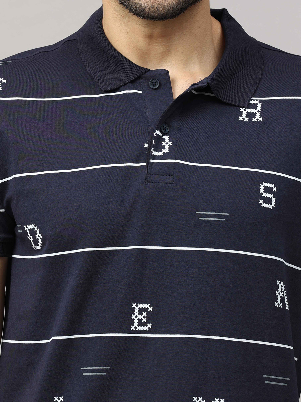 Men's Navy Regular Fit Printed Half Sleeves Polo Neck T-Shirt