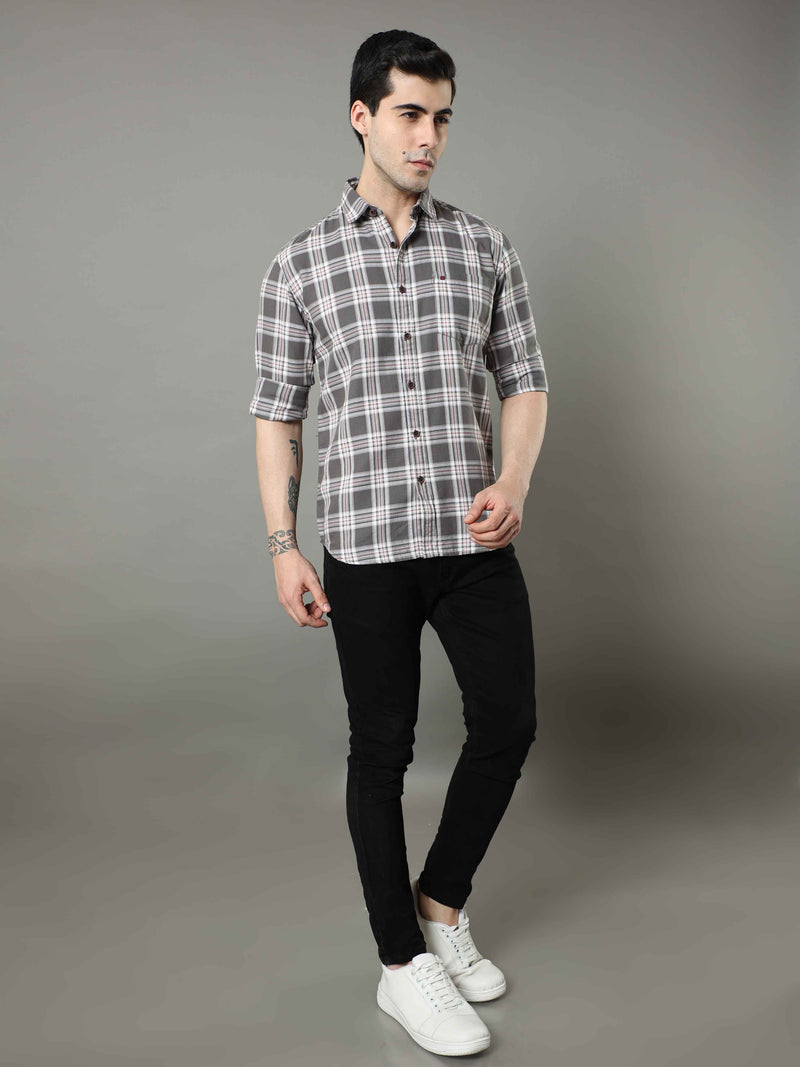 Shop Men's Grey Slim Fit Full Sleeves Cotton Casual Checks Shirt Online.