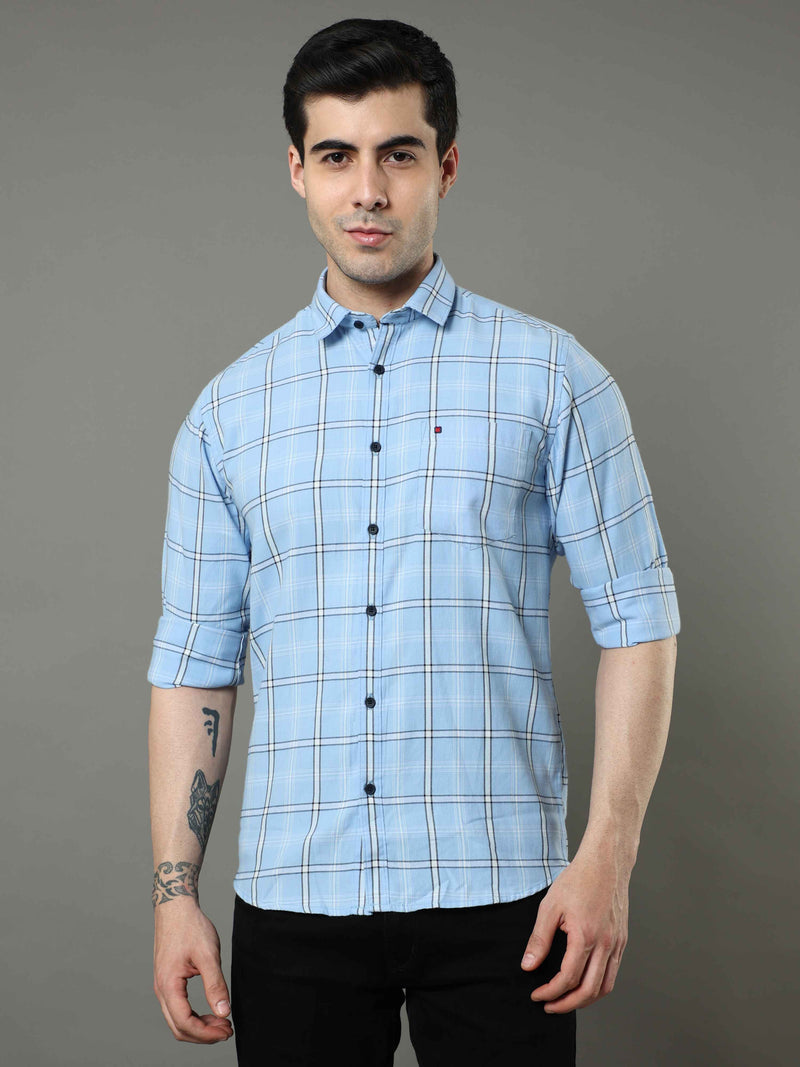 Shop Men's Blue Slim Fit Cotton Casual Checks Shirt Online.