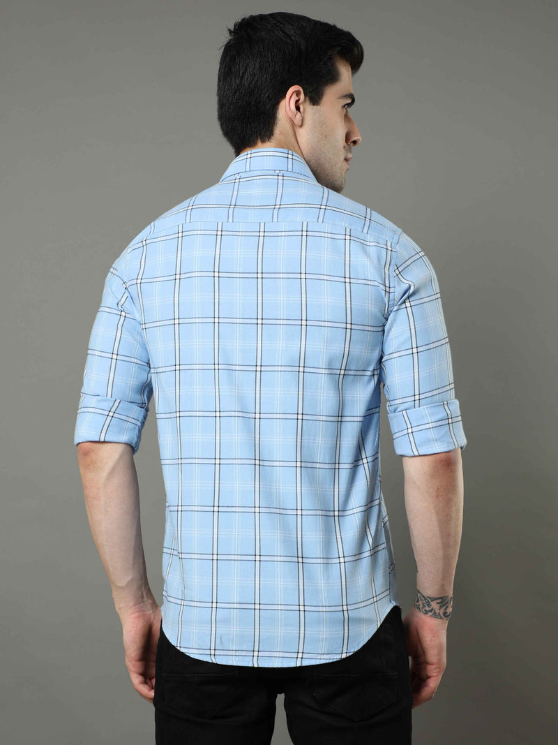 Shop Men's Blue Slim Fit Cotton Casual Checks Shirt Online.