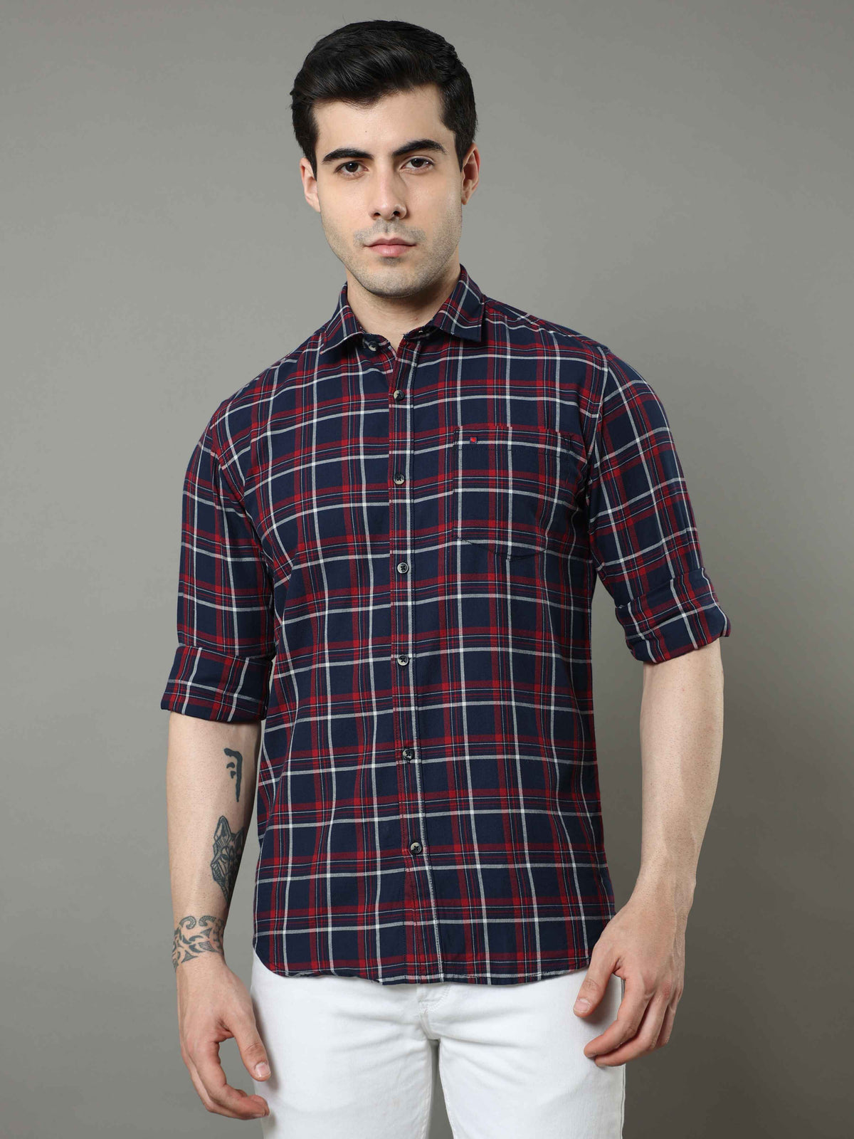 Men's Navy Slim Fit Checks Full Sleeves Casual Shirts