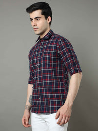 Men's Navy Slim Fit Checks Full Sleeves Casual Shirts