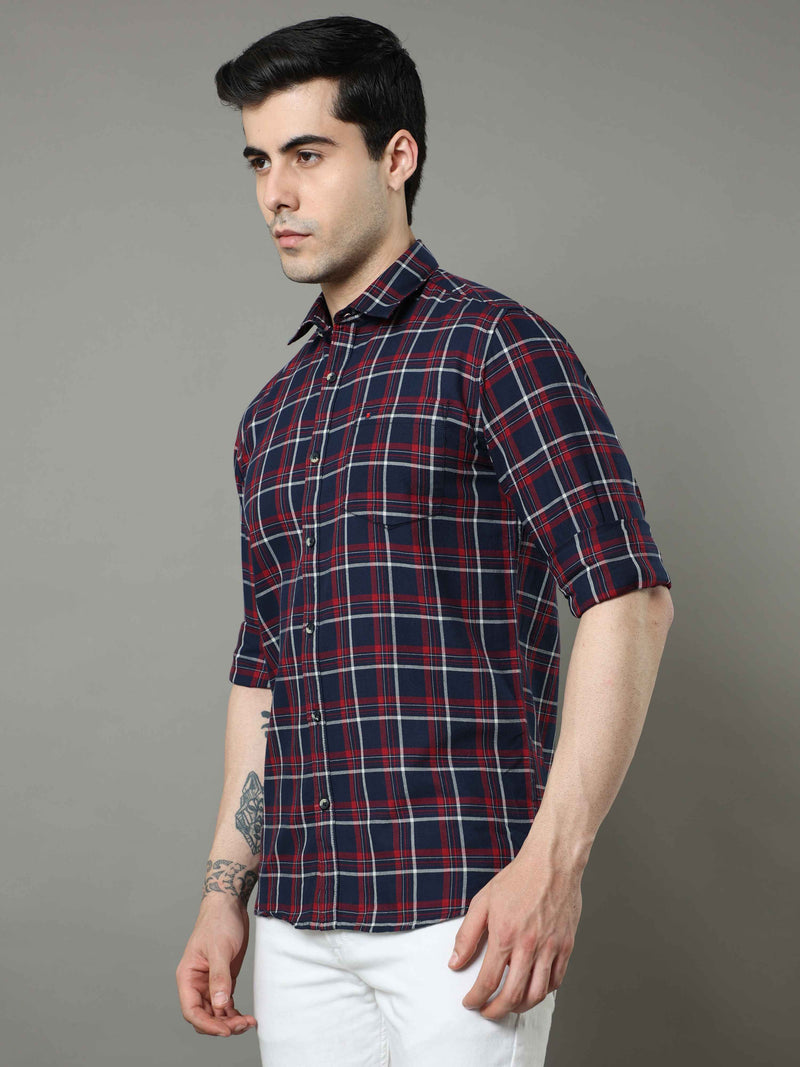 Shop Men's Navy Slim Fit Cotton Casual Checks Shirt Online.