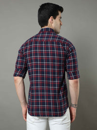 Men's Navy Slim Fit Checks Full Sleeves Casual Shirts