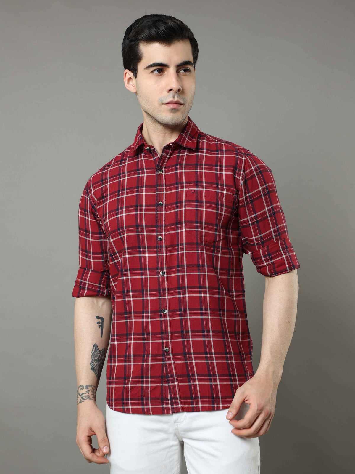 Men's Maroon Slim Fit Checks Full Sleeves Casual Shirts