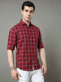 Men's Maroon Slim Fit Checks Full Sleeves Casual Shirts