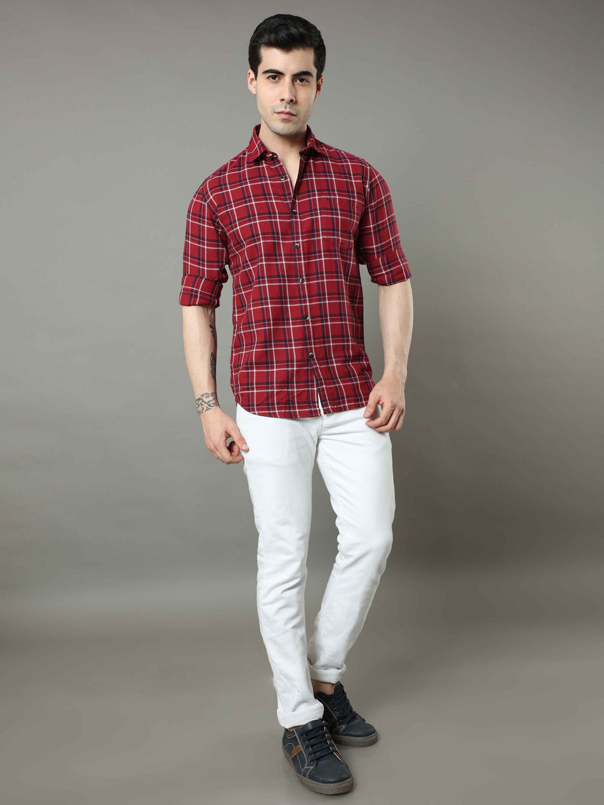 Men's Maroon Slim Fit Checks Full Sleeves Casual Shirts
