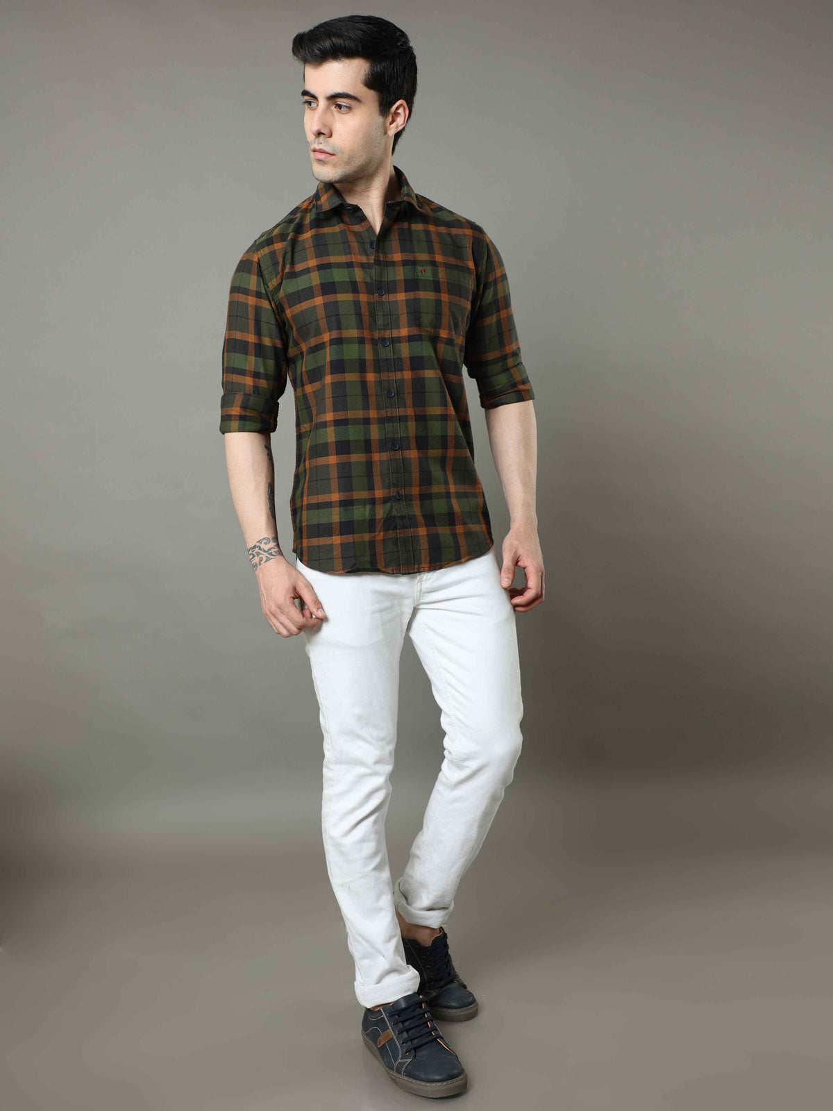 Men's Green Slim Fit Checks Full Sleeves Casual Shirts