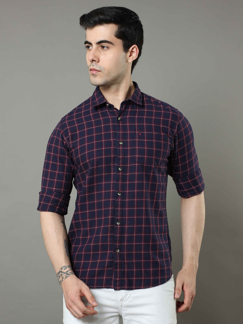 Men's Navy Red Slim Fit Checks Full Sleeves Casual Shirts