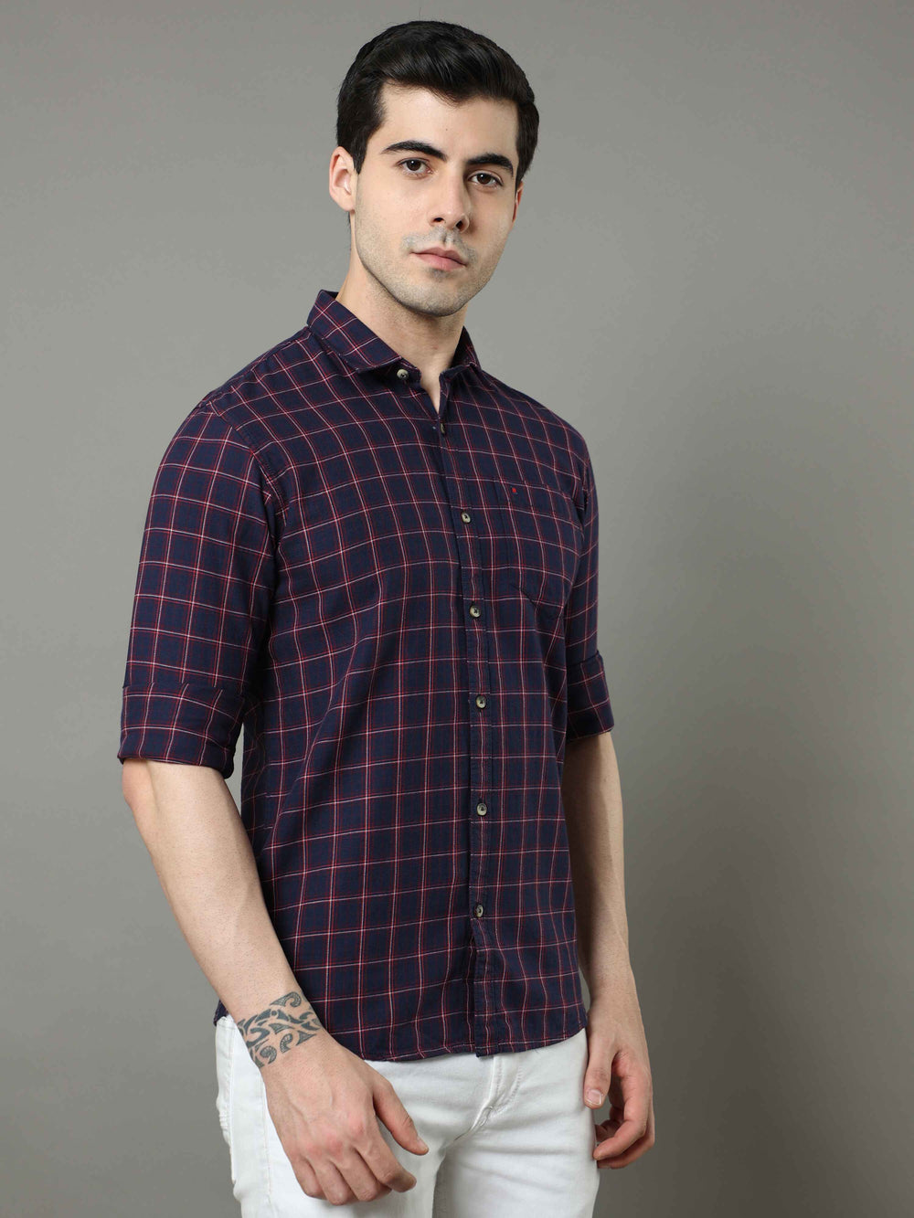 Men's Navy Red Slim Fit Checks Full Sleeves Casual Shirts