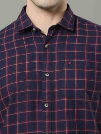 Men's Navy Red Slim Fit Checks Full Sleeves Casual Shirts
