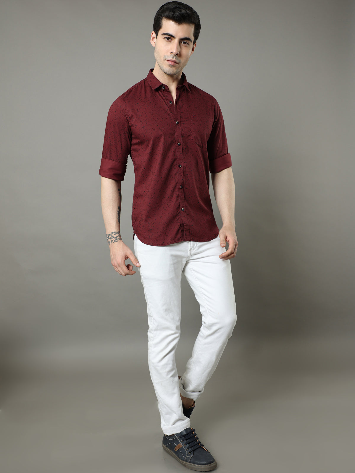 Men's Maroon Slim Fit Printed Full Sleeves Casual Shirts