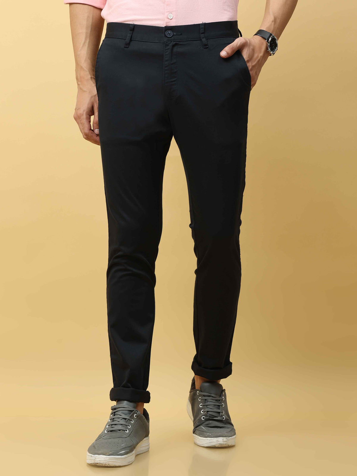 Shop Men's Navy Narrow Fit Solid Casual Trouser Online.