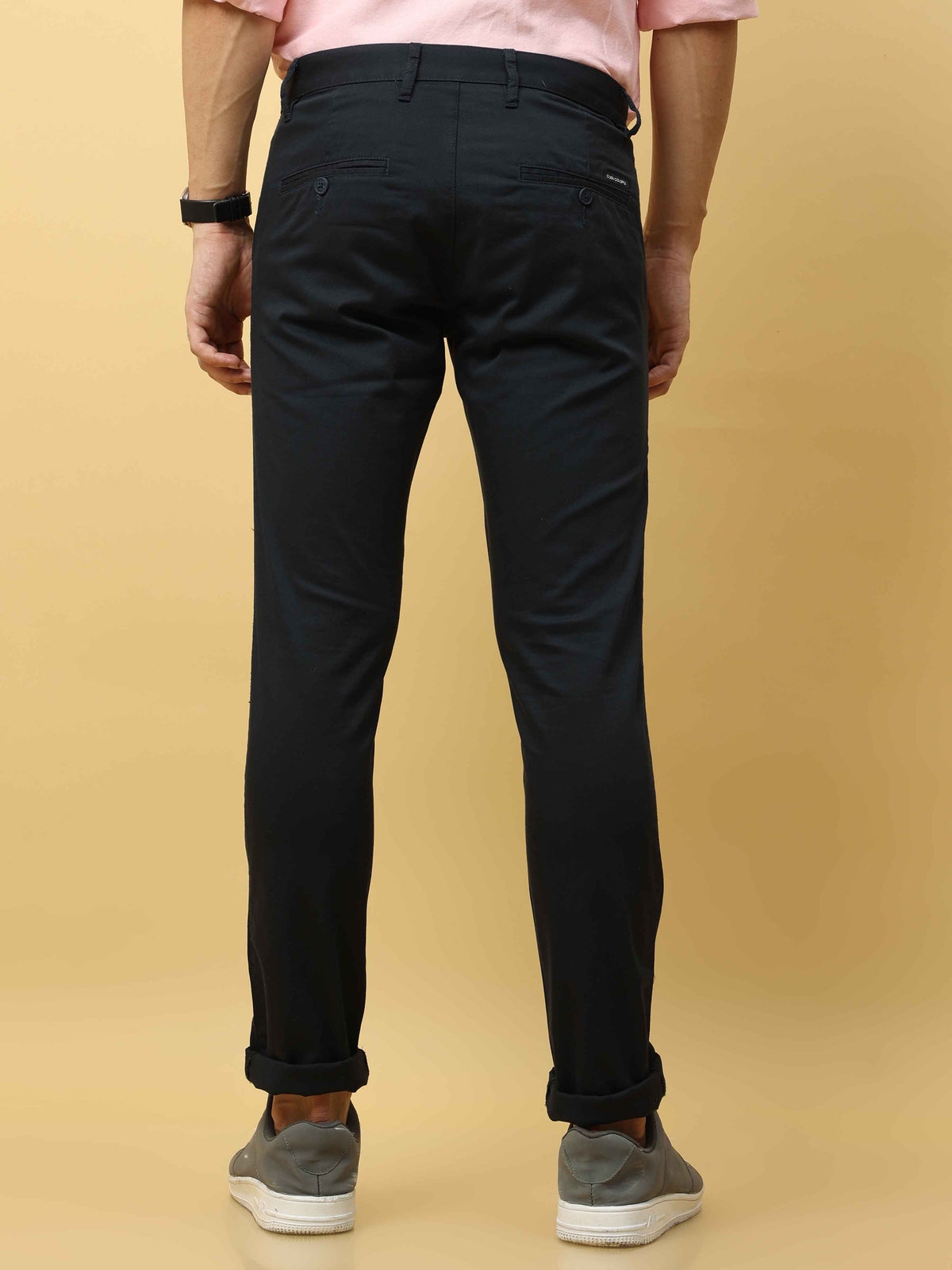 Men's Navy Narrow Fit Solid Casual Trouser