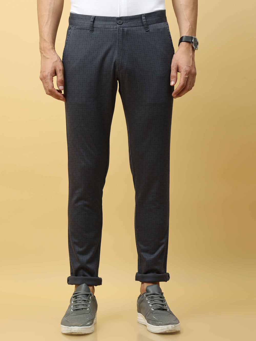 Men's Blue Narrow Fit Dobby Printed Casual Trouser