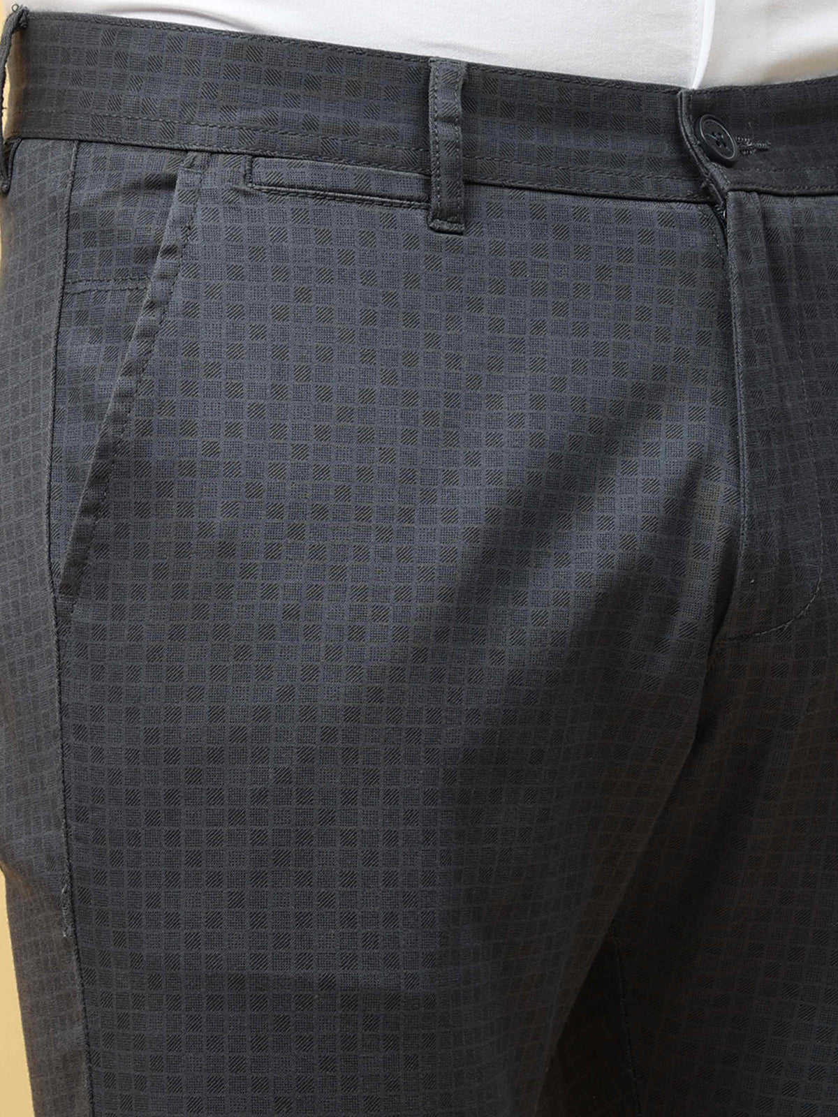 Men's Blue Narrow Fit Dobby Printed Casual Trouser