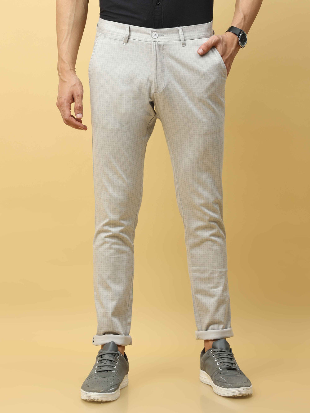 Men's Cream Narrow Fit Dobby Printed Causal Trouser