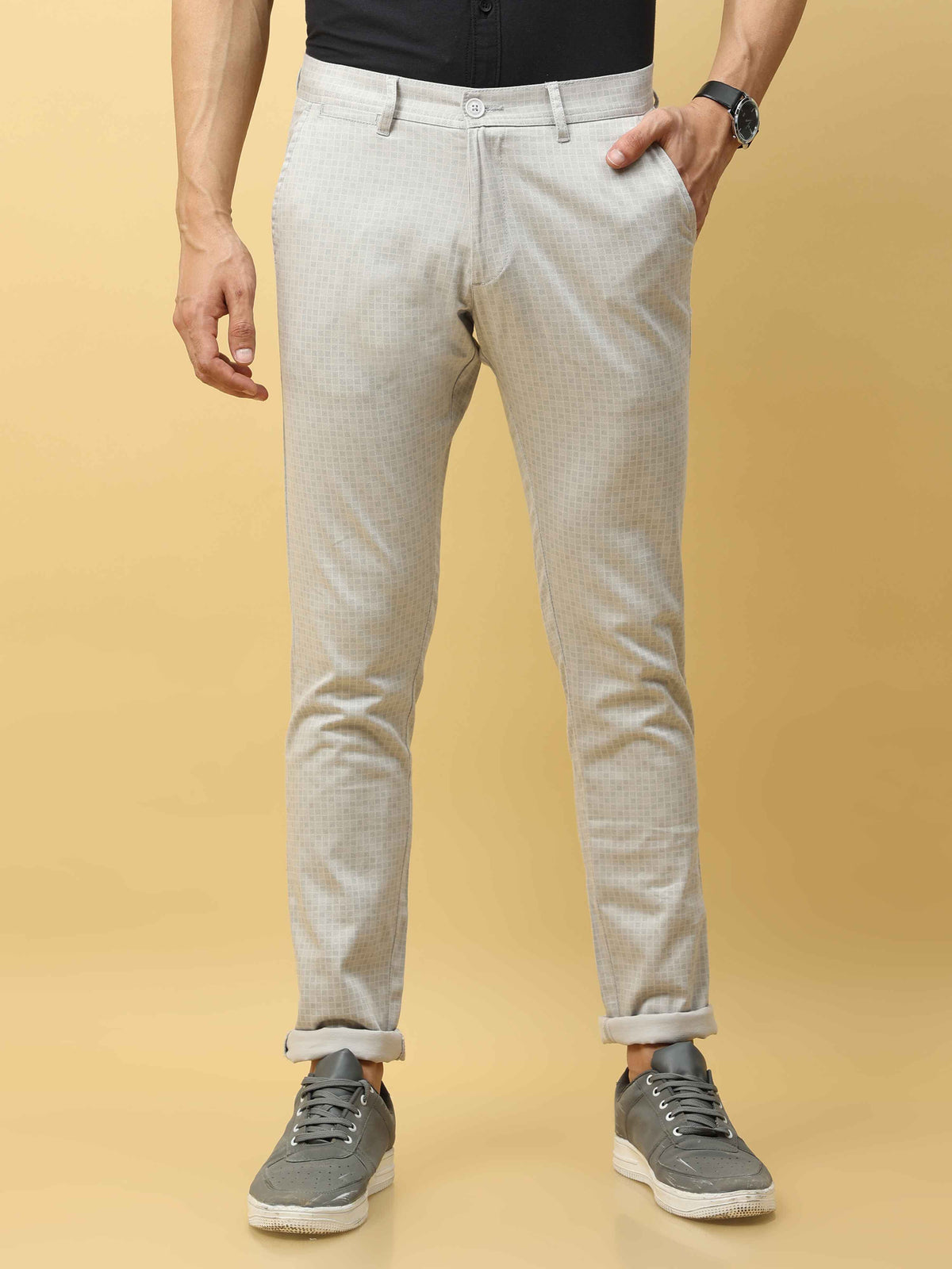 Men's Cream Narrow Fit Dobby Printed Causal Trouser