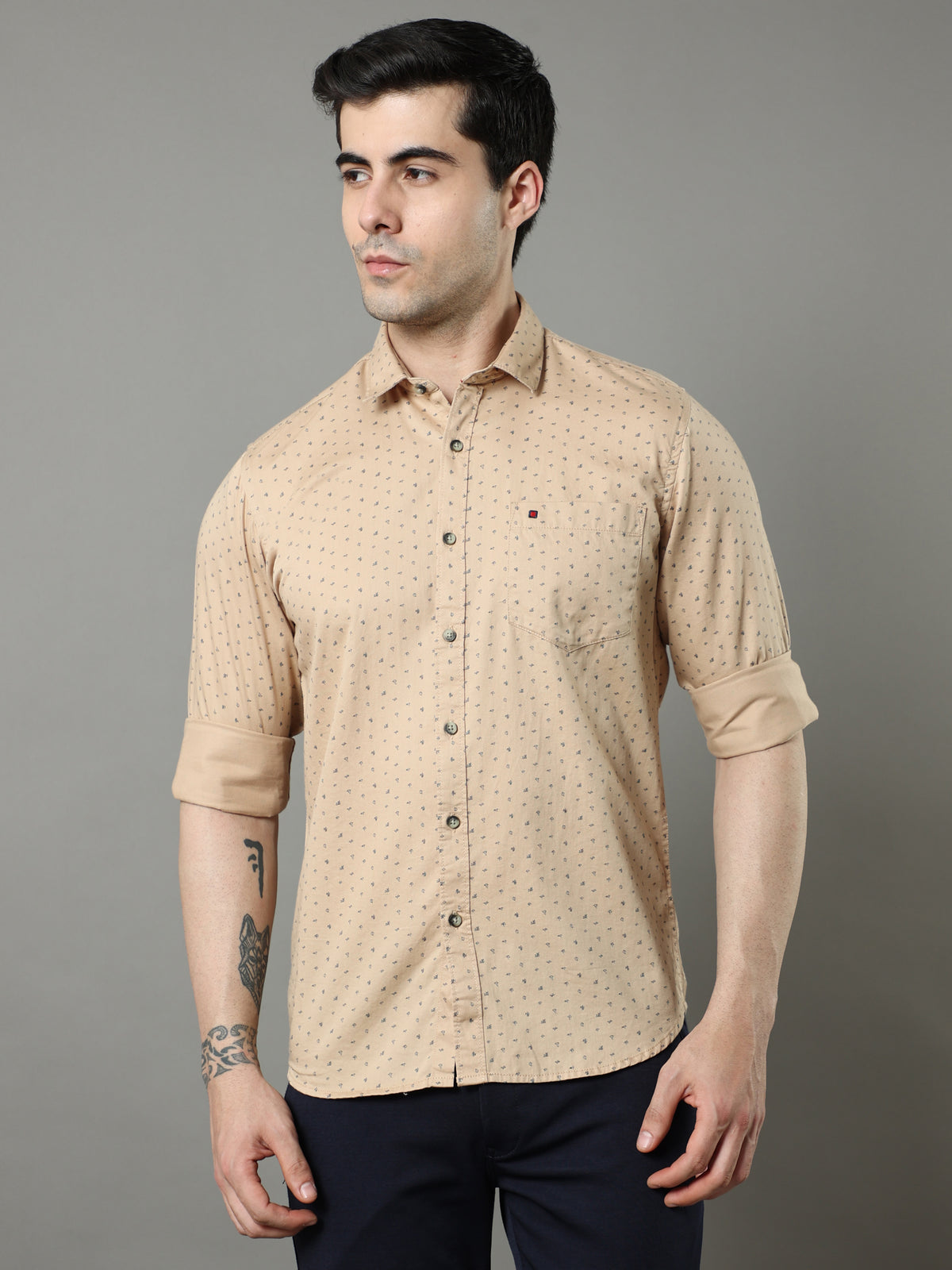 Shop Men's Beige Slim Fit Cotton Casual Printed Shirt Online.