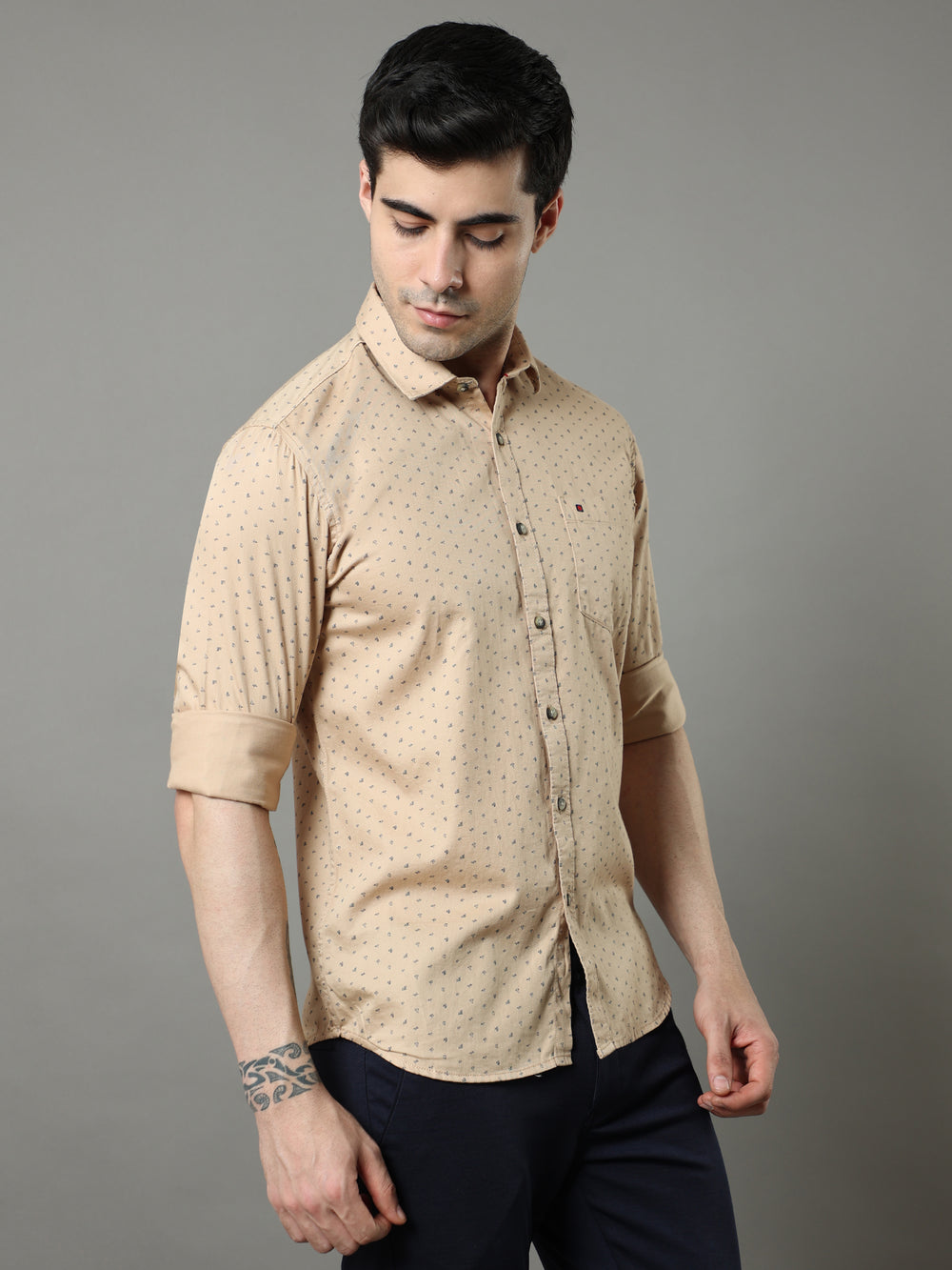 Men's Beige Slim Fit Printed Full Sleeves Casual Shirts