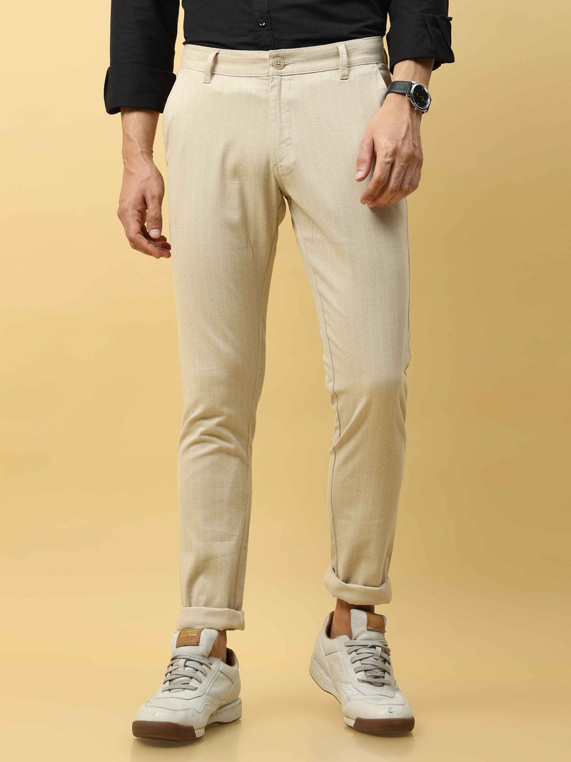 Shop Men's Cream Narrow Fit Dobby Printed Casual Trouser Online.