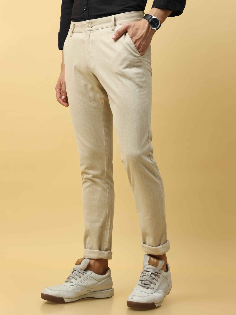 Shop Men's Cream Narrow Fit Dobby Printed Casual Trouser Online.