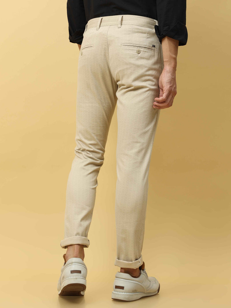 Shop Men's Cream Narrow Fit Dobby Printed Casual Trouser Online.