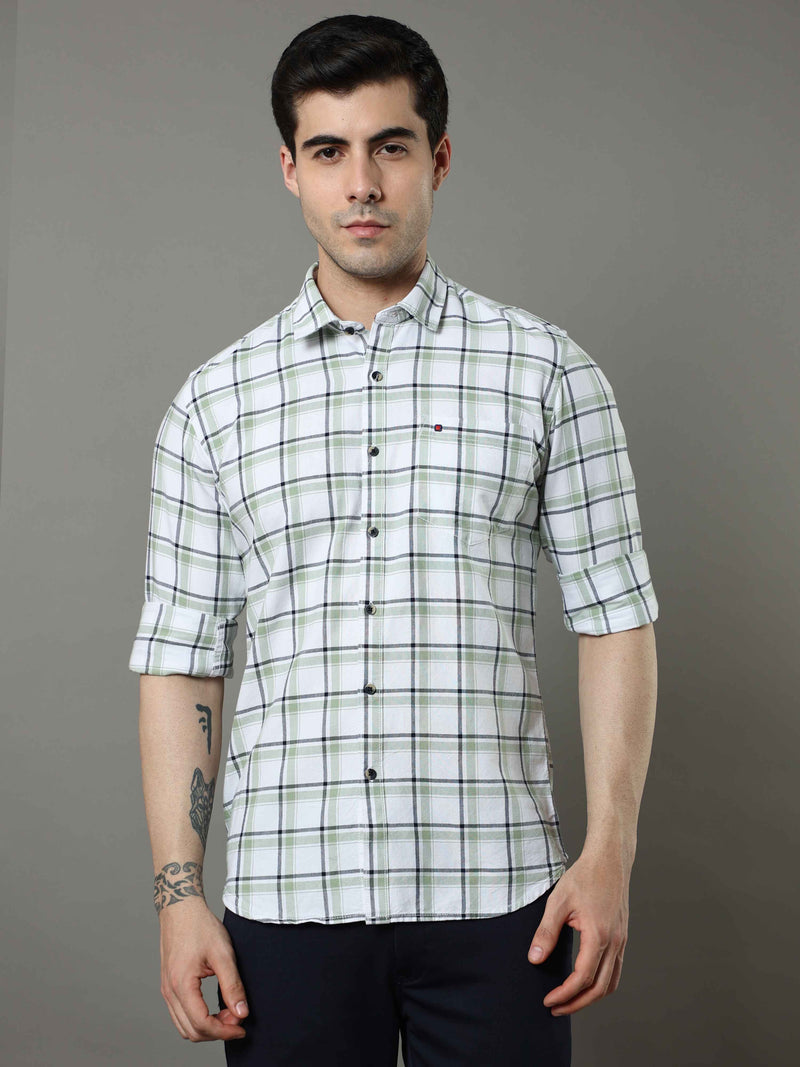 Shop Men's White Green Slim Fit Cotton Casual Checks Shirt Online.