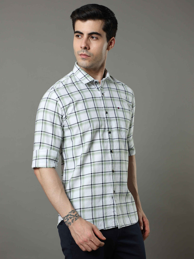 Shop Men's White Green Slim Fit Cotton Casual Checks Shirt Online.