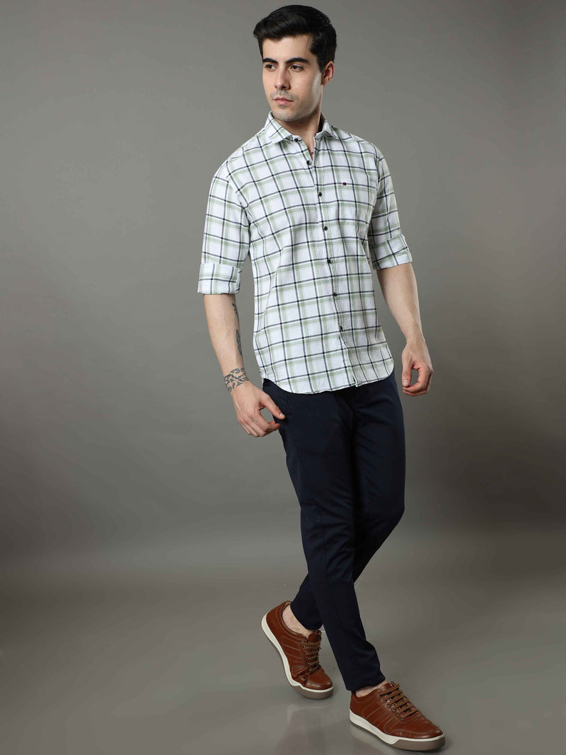 Shop Men's White Green Slim Fit Cotton Casual Checks Shirt Online.