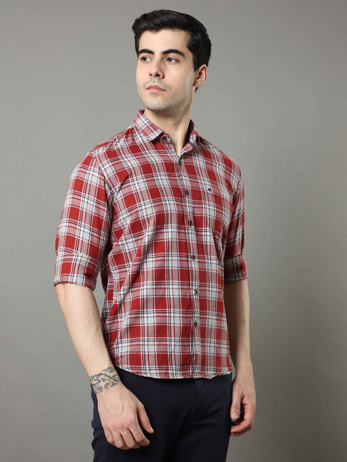 Men's Maroon Slim Fit Checks Full Sleeves Casual Shirts