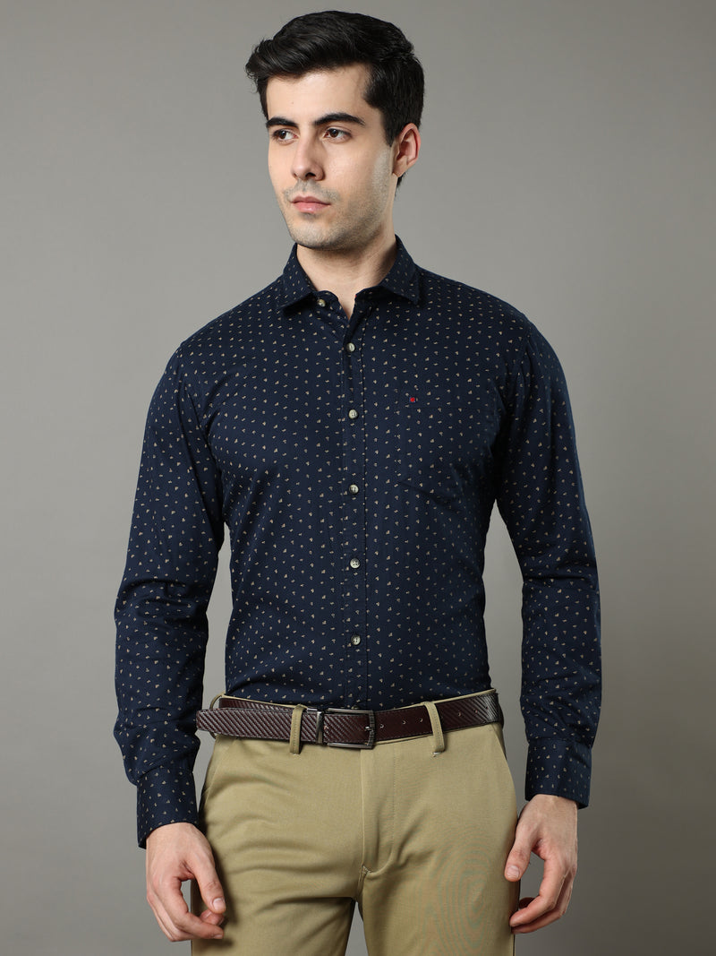 Shop Men's Navy Slim Fit Cotton Casual Printed Shirt Online.