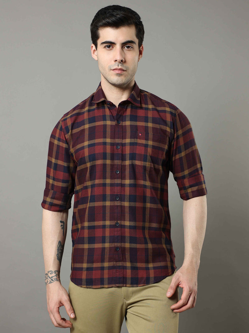 Shop Men's Rust Slim Fit Cotton Casual Checks Shirt Online.